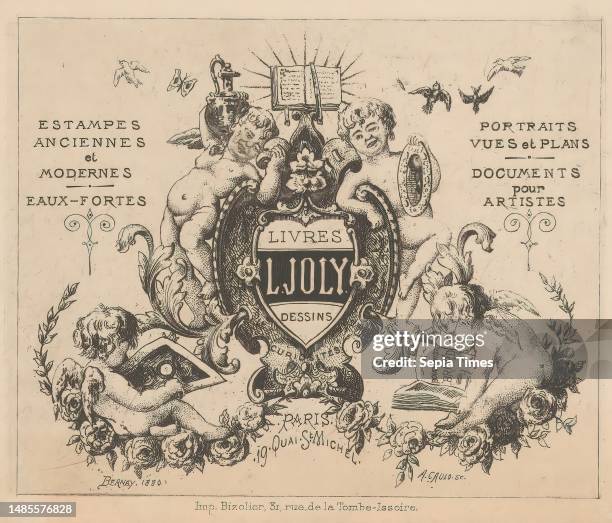 Business card of book and print shop of L. Joly in Paris, Two putti supporting a cartouche surmounted by a book, one holding a vase, the other a...