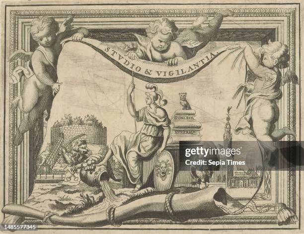 Vignette with Minerva and putti, Three putti hold a scroll depicting Minerva with shield and lance seated on a pedestal on which are books by David...