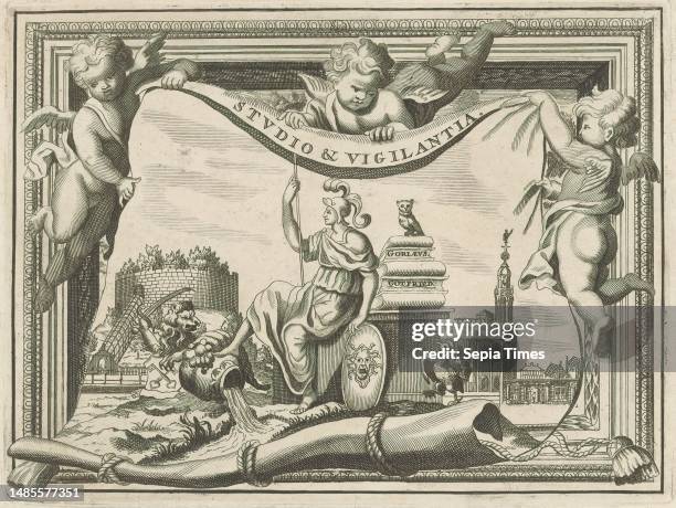 Vignette with Minerva and putti, Three putti hold a scroll depicting Minerva with shield and lance seated on a pedestal on which are books by David...