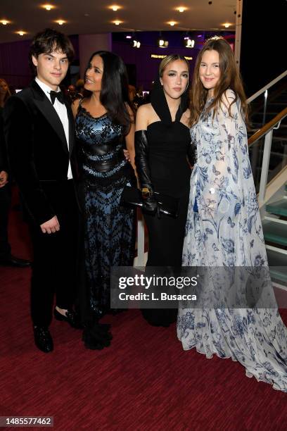Augustin James Evangelista, Salma Hayek, Valentina Paloma Pinault and Drew Barrymore attend the 2023 TIME100 Gala at Jazz at Lincoln Center on April...