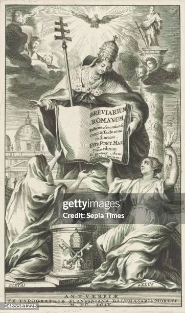 Allegorical representation with Roman Catholic Church, Piety and Zeal, Title page for: S.n. Breviarium romanum The personification of the Roman...