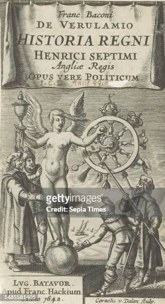 Naked Fortuna on globe spins wheel of fortune, Historia regni Henrici Septimi Angliae Regis , Title page for: Francis Bacon, Historia regni Henrici...