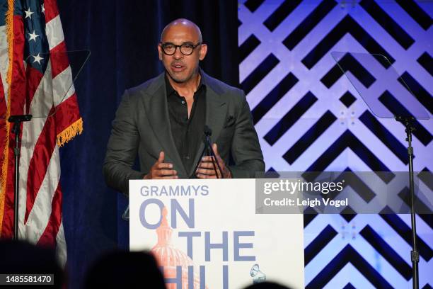 Harvey Mason Jr., CEO of the Recording Academy speaks on stage during Grammys On The Hill: Awards Dinner at The Hamilton on April 26, 2023 in...