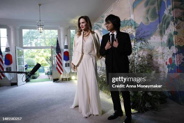 Actress Angelina Jolie and her son Maddox arrive for the White House state dinner for South Korean President Yoon Suk-yeol on April 26, 2023 in...