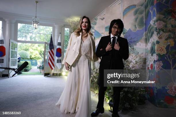 Actress Angelina Jolie and her son Maddox arrive for the White House state dinner for South Korean President Yoon Suk-yeol on April 26, 2023 in...