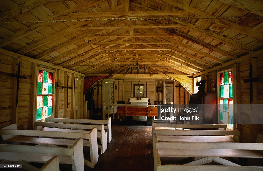 Inside College Grove Baptist Church at the Rural Life Museum. The museum has a collection of 20 buildings typically found on a sugar plantation, which depict how life was in Louisiana during the 18th to early 20th century