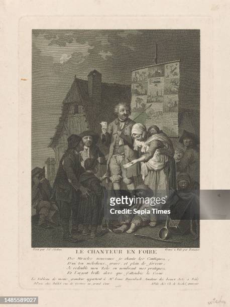 Fair singer, Le chanteur en foire , A man on a stage in a market square holding a pointer in one hand and a folk song in the other. Behind him a...