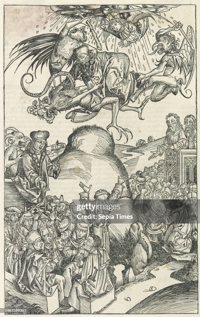 Fall of the Antichrist, Liber Chronicarum (series title), The Fall of the Antichrist. On the left, the Antichrist tempts the people. He is whispered into the ear by the devil. On the right, two men give their testimony from a pulpit. The hill in the middl