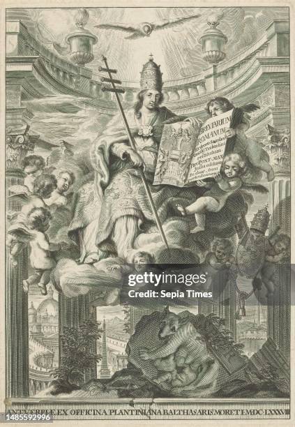 Allegorical tableau with personification of the Roman Catholic Church, Title page for: S.n. Breviarium romanum The personification of the Roman...