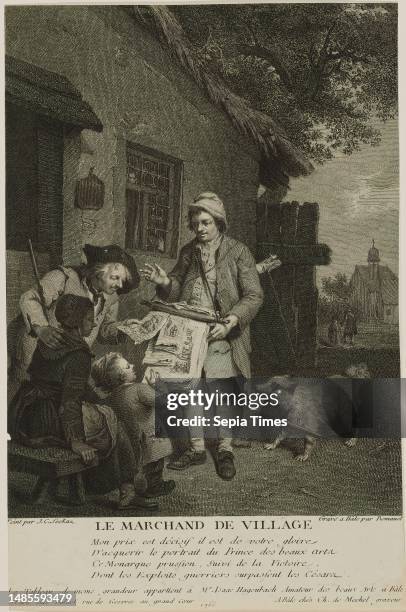 Itinerant print seller in a village, Le Marchand de Village , An itinerant print seller shows his prints to a man, a woman and a child. The man is...