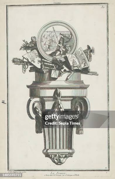 France, La France , K Consoles , Nouvelle Iconologie Historique Ou Attributs Hierogliphyques , An ornamented console with volutes, above it various...