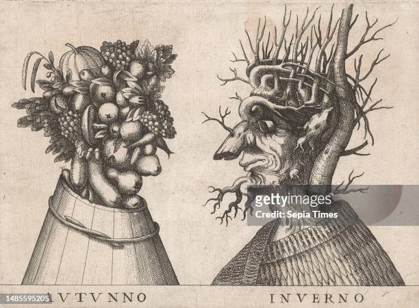 Personifications of the Four Seasons, Autumn and Winter depicted by grotesque heads, Autunno / Inverno , The personification of Autumn is composed of...
