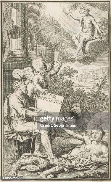 Allegorical representation with crowned man, putti and woman with crown of stars, The Spectator , Title page for: Joseph Addison and Richard Steele,...