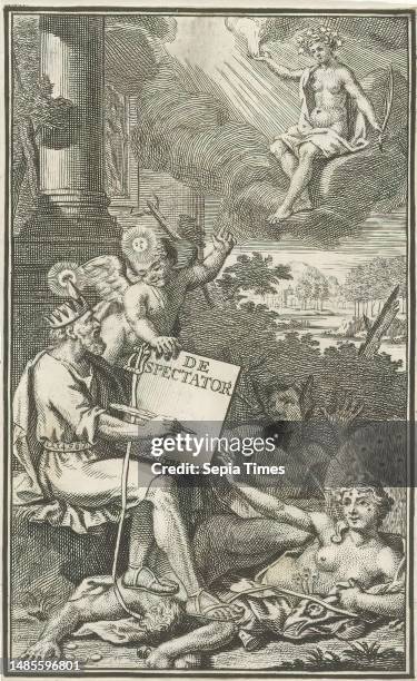 Allegorical representation with crowned man, putti and woman with starry crown, The Spectator , Title page for: Joseph Addison and Richard Steele,...