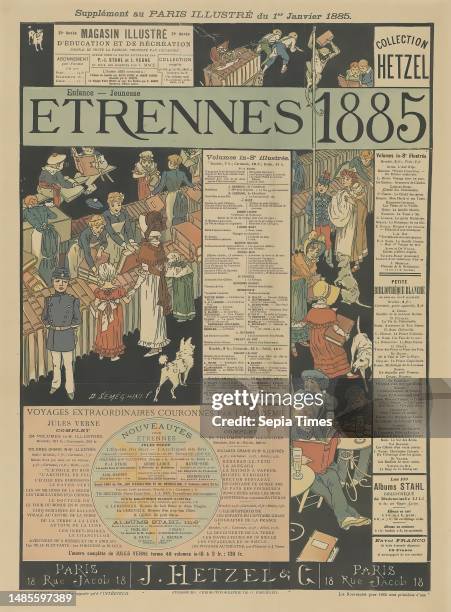 Fund list of J. Hetzel & Cie at Paris, Etrennes 1885 , From behind a counter constructed of rows of books, women wearing aprons hand out books to...