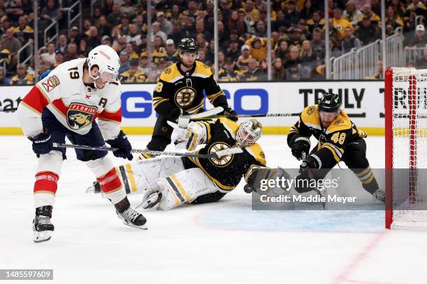 Matthew Tkachuk of the Florida Panthers scores the game winning goal on Linus Ullmark of the Boston Bruins during overtime in Game Five of the First...