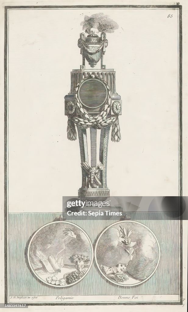 Polygamy and good faith, Poligamy, Bonne foi (title on object), P Pendules (series title), Nouvelle Iconologie Historique Ou Attributs Hierogliphyques (...) (series title), An ornamented pendulum with garlands and a smoke barrel. Below, two circular medal