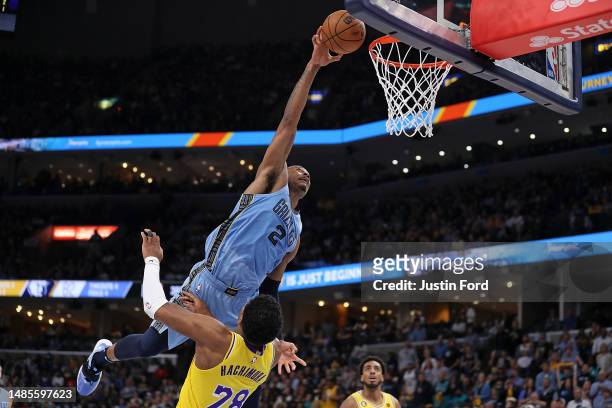Xavier Tillman of the Memphis Grizzlies goes to the basket against Rui Hachimura of the Los Angeles Lakers during the second half of Game Five of the...