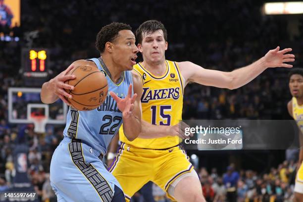 Desmond Bane of the Memphis Grizzlies goes to the basket against Austin Reaves of the Los Angeles Lakers during the second half of Game Five of the...