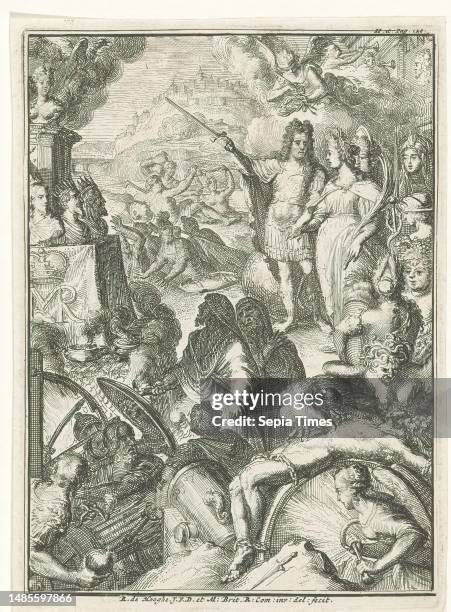 Stadholder William III and Maria Stuart amid mythical figures, Stadholder William III and his wife Maria Stuart stand hand in hand amid mythical...