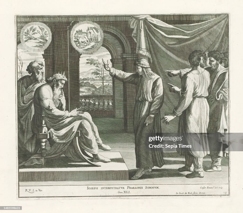 Joseph explaining Pharaoh's dreams, Raphael Bible (series title), Paintings in Raphael's Loggia (series title), Imagines Veteris ac Novi Testamenti (series title), On the left, Pharaoh sits on his throne. On the right is Joseph explaining Pharaoh's dreams