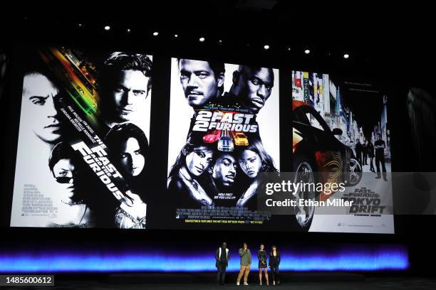 Tyrese Gibson, Sung Kang, Jordana Brewster and Michelle Rodriguez speak onstage to promote the upcoming film "Fast X" during the Universal Pictures...