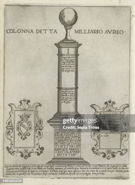 The Milliarium Aureum, Colonna detta Milliario Aureo , Modern and ancient monuments and structures in Rome , Ornamenti di fabriche antichi et moderni...