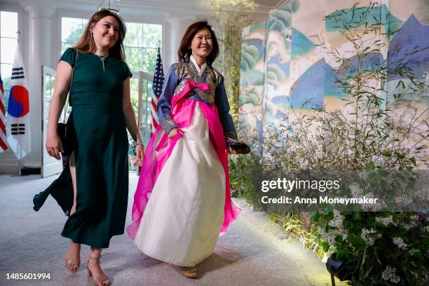 Rep. Michelle Steel and Siobhan Steel arrive for the White House state dinner for South Korean President Yoon Suk-yeol at the White House on April...