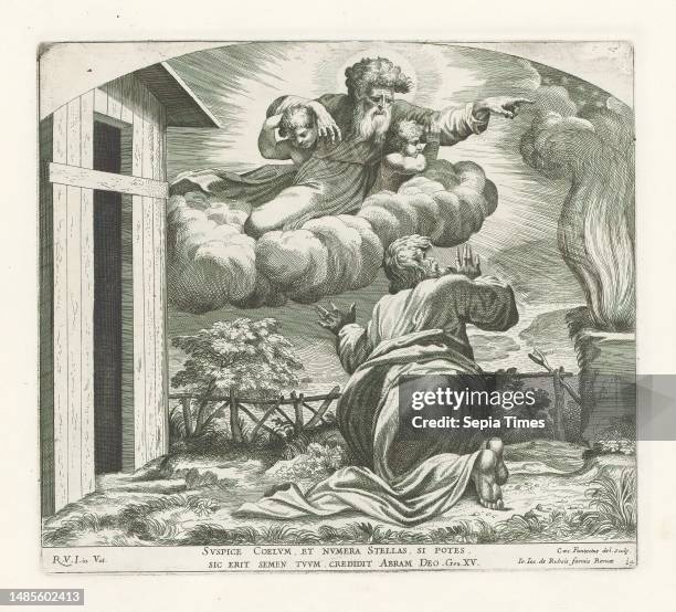 God tells Abraham his destiny, Raphael Bible , Paintings in Raphael's Loggia , Imagines Veteris ac Novi Testamenti , Abraham is kneeling on the land...