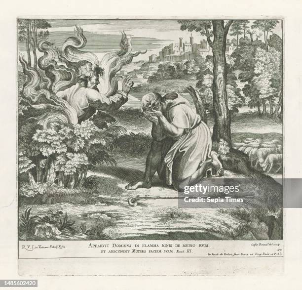 God appears to Moses in the burning bush, Raphael Bible , Paintings in Raphael's Loggia , Imagines Veteris ac Novi Testamenti , God appears to Moses...