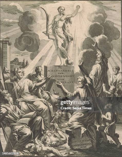 Allegorical scene with Naked Truth and scholars, Title page for: Petrus Dinant, De achtbaarheyt van Godts woort The Naked Truth with book, palm...