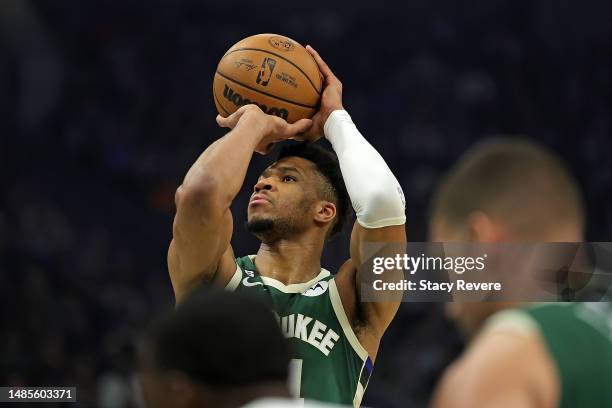 Giannis Antetokounmpo of the Milwaukee Bucks shoots a free throw during the first half of Game 5 of the Eastern Conference First Round Playoffs...