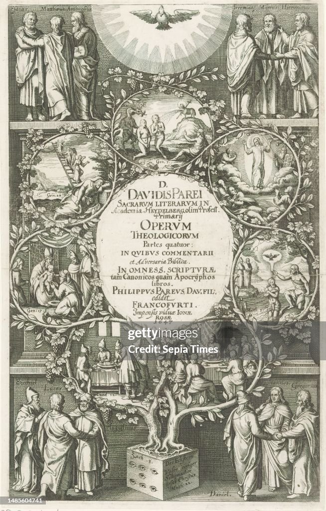 Vines with scenes from Old and New Testament, Title page for: David Pareus, Operum Theologicorum Partes quatuor, 1647, Vines containing seven scenes from the Old and New Testaments: the Fall, Jacob's ladder, Isaac's circumcision, the sacrificial lamb at t