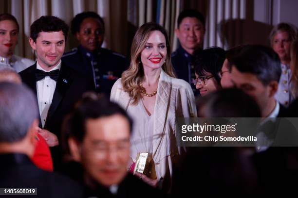 Actress Angelina Jolie attends the South Korean state dinner at the White House on April 26, 2023 in Washington, DC. President Joe Biden and first...