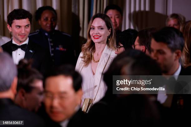 Actress Angelina Jolie listen to a tribute to Broadway performance during the South Korean state dinner at the White House on April 26, 2023 in...