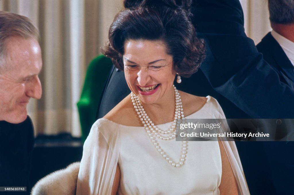 John D. Rockefeller III, chairman of the board of Lincoln Center, Lady Bird Johnson, U.S. First Lady, opening night of New Metropolitan Opera House, Lincoln Center, New York City, New York, USA, Toni Frissell Collection, September 16, 1966