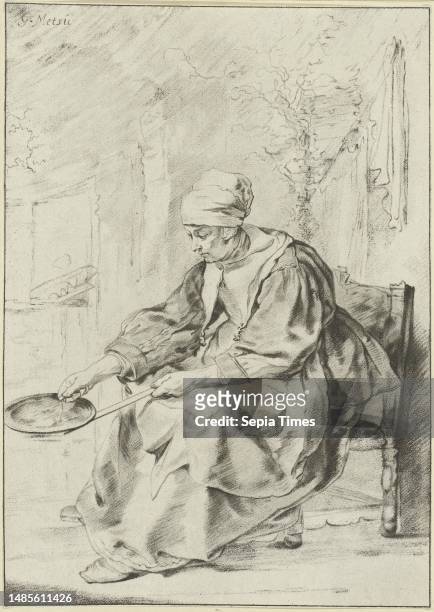 Pancake baker, Johannes Kornlein, after Gabriel Metsu, 1765 - 1772, In a kitchen, a woman is baking pancakes in a saucepan. The woman wears an apron...