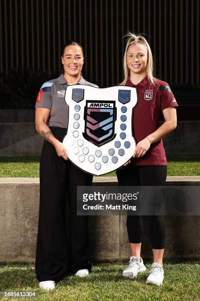 Isabelle Kelly of New South Wales and Tarryn Aiken of Queensland pose during a Women's State of Origin Series Media Opportunity at CommBank Stadium...