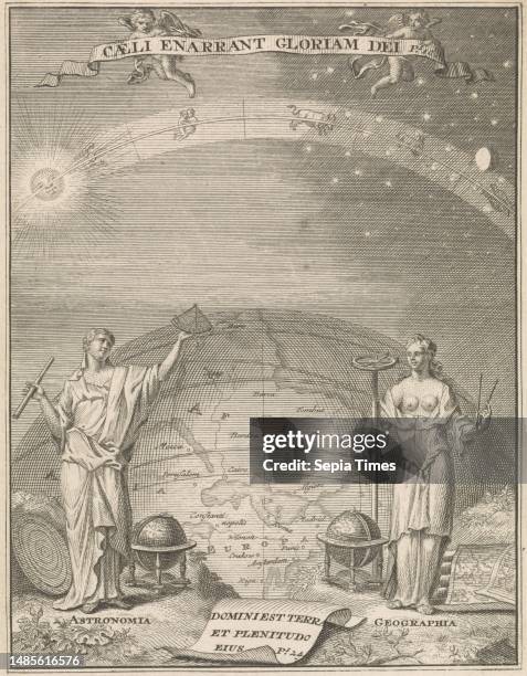 The female personifications of Astronomy and Geography , with measuring instruments in their hands, under a starry sky with the earth in the...