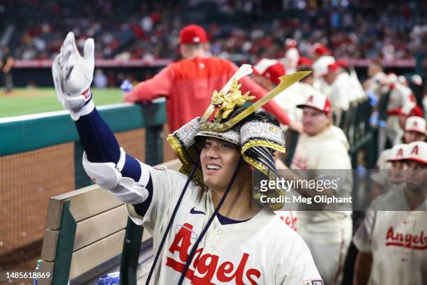Shohei Ohtani of the Los Angeles Angels celebrates his two-run home run in the eighth inning against the Oakland Athletics at Angel Stadium of...