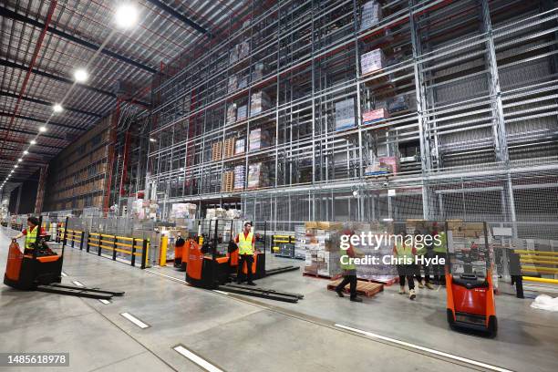 General view inside the new Automated Distribution Centre at Coles Redbank on April 27, 2023 in Brisbane, Australia.Using global leading Witron...