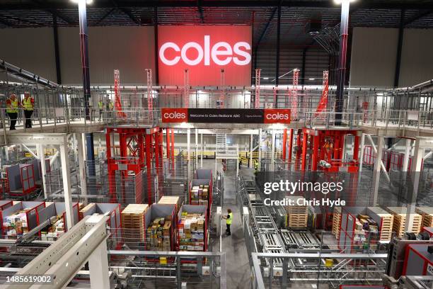 General view inside the new Automated Distribution Centre at Coles Redbank on April 27, 2023 in Brisbane, Australia.Using global leading Witron...