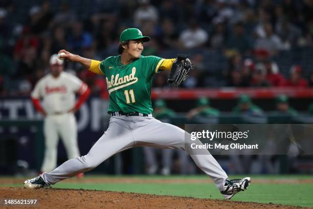 Shintaro Fujinami of the Oakland Athletics pitches in the sixth inning against the Los Angeles Angels at Angel Stadium of Anaheim on April 26, 2023...