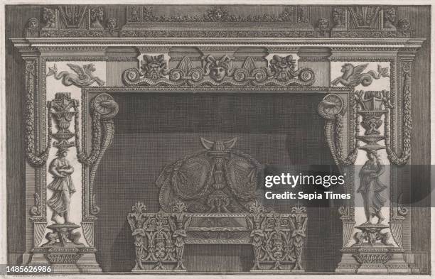 An ornamental mantelpiece including caryatids, masks, hippocampuses, shields and garlands. Numbered lower right: 53. Design for a mantelpiece Design...