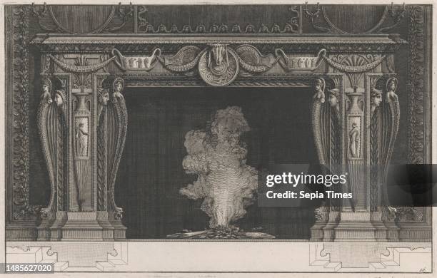 An ornamental mantelpiece including a bucranium, bowls and vases. Numbered bottom right: 16. Design for a mantelpiece Design of decorations for...