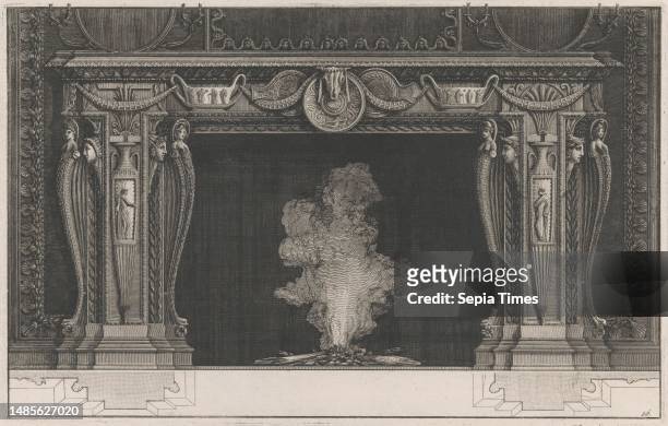 An ornamental mantelpiece including a bucranium, bowls and vases. Numbered bottom right: 16. Design for a mantelpiece Design of decorations for...