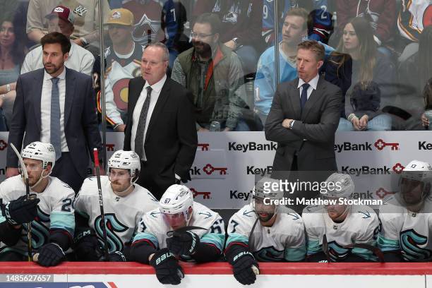 Head coach Dave Hakstol of the Seattle Kraken watches as his team plays the Colorado Avalanche in the third period during Game Five of the First...