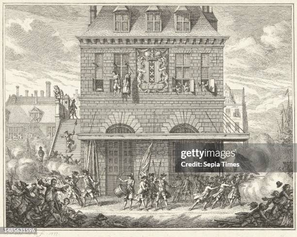 Unrest during the hanging of a man and woman , two participants in the Pachtersoproer, at the Waag in Amsterdam, 28 June 1748. The militia opens fire...