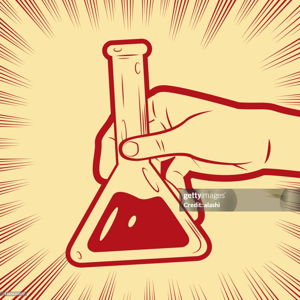 A hand holding a conical flask in the background with radial manga speed lines