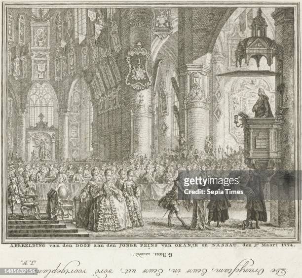 The baptism ceremony of Prince Willem George Frederik, 3 March 1774 in the Grote Kerk in The Hague. Prince William V baptizes the child, on the left...
